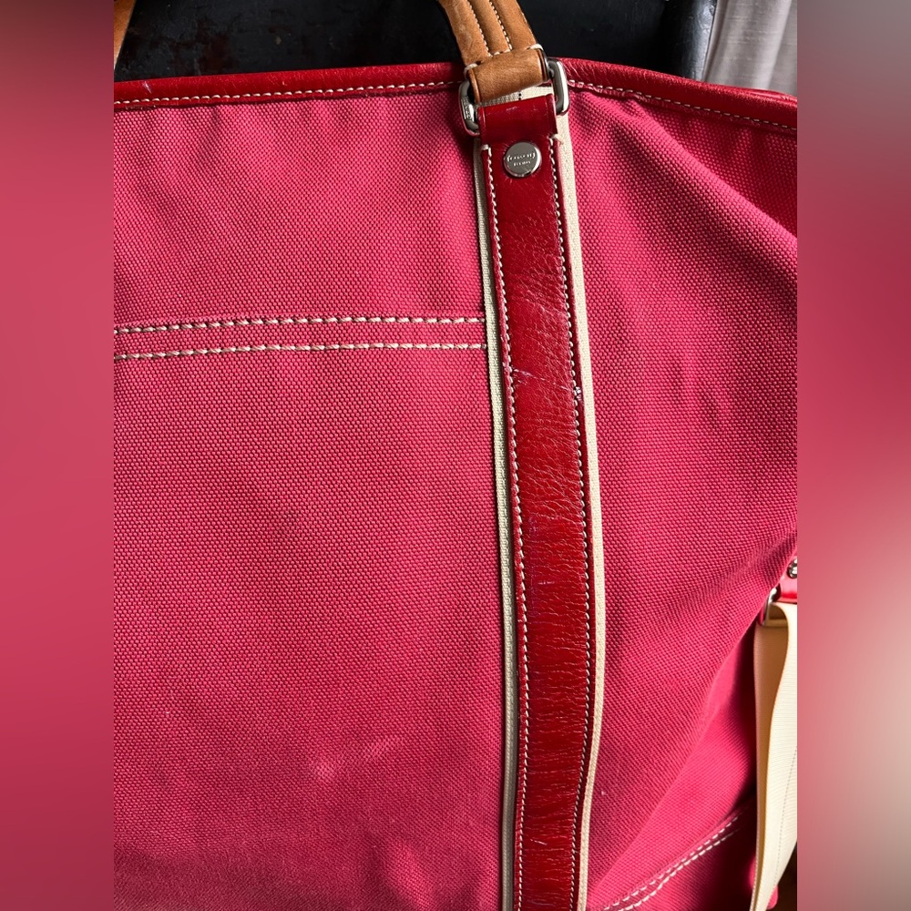Rare Coach Red Canvas weekend Tote Bag with Tan Straps Leather accents - Picture 2 of 12